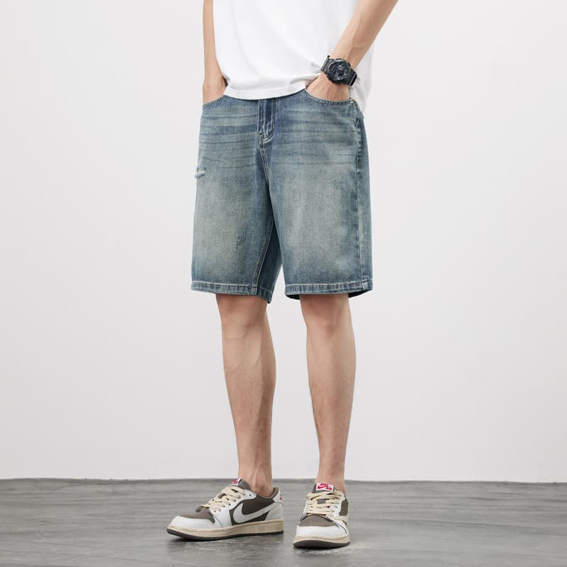 Shorts curtos masculinos novo estilo rasgado Denim shorts masculino solto em linha reta verão estilo fino seda gelo tama