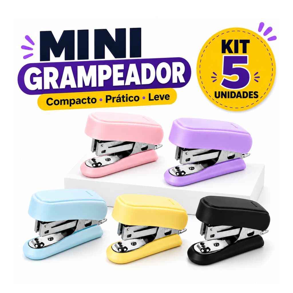 Kit 5 Mini Grampeadores de Metal Pastel 26/6 Escolar Escritório Papelaria Home Office