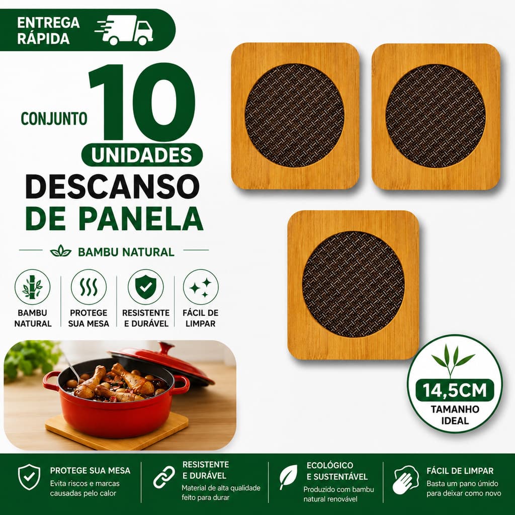 Conjunto Descansos Panelas Quadrado Bambu Quente Protetor 14,5Cm Mesa Utilidades