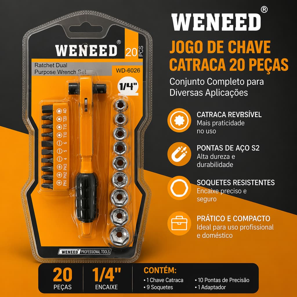 Kit Chave Catraca Reversível 20 Peças 1/4" Soquetes + Bits Ferramenta Multiuso Reparo Carro Moto Notebook