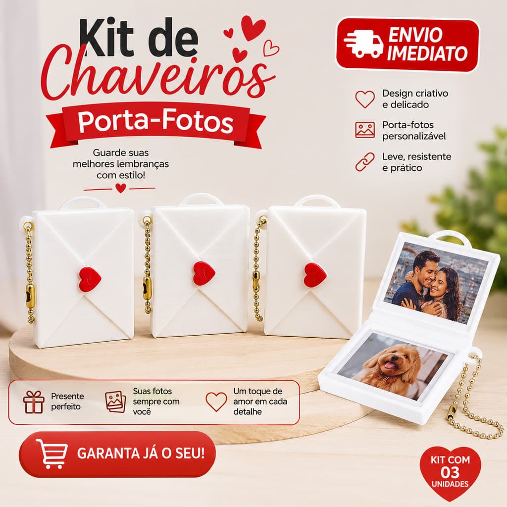 Chaveiro Carta Coração com Porta Foto - Presente - Lembrancinha