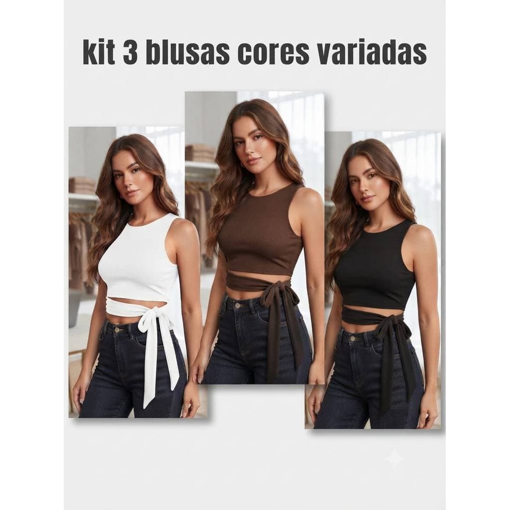 kit 3 croppeds Blusa Cropped Suplex Feminino Top Laço Lateral Cropped Moda Blogueira Cropped amarração