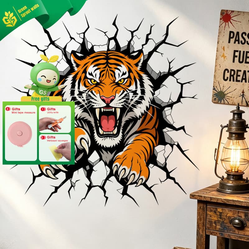 Parede quebrada tigre adesivo de parede 3D tridimensional padrão Animal capa feio auto-adesivo quarto sala estar Ro