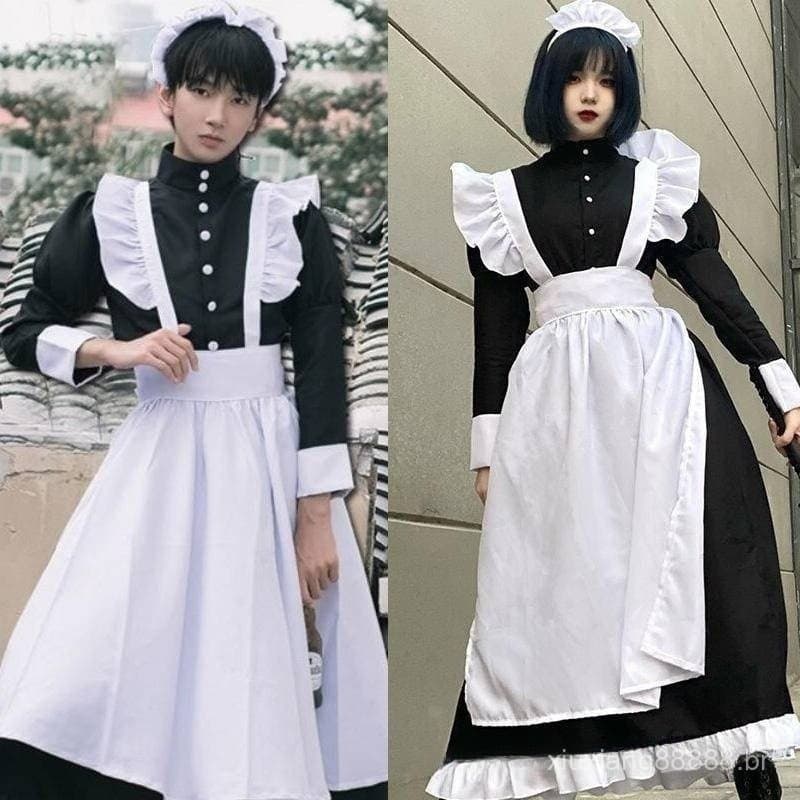 Fantasia de cosplay masculina e feminina, fofa, estilo Lolita, empregada de anime japonês, vestido longo preto, conjunto