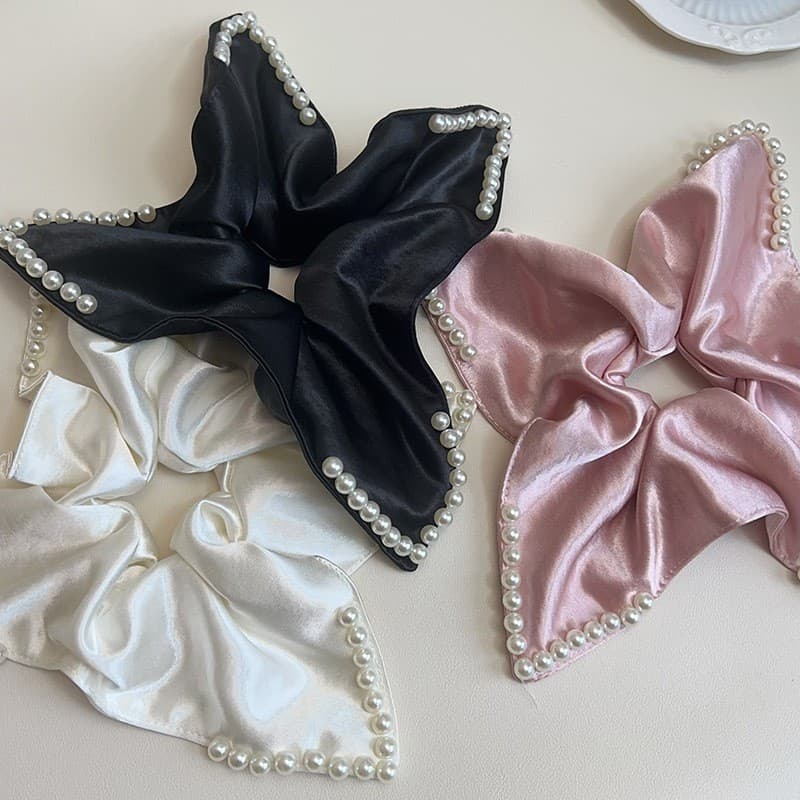 Oversized estilo coreano cetim Polka Dot saia suave pérola pingente Scrunchy laço de cabelo High-End rabo de cavalo cord