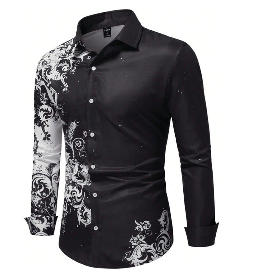 Camisa Masculina de Manga Longa com Estampa Vintage, Camisa Elegante para o Outono