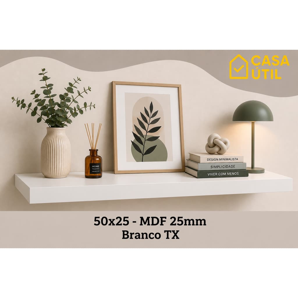 Prateleira Flutuante 50x25 cm MDF 25mm Branca com Suporte Invisível Sala, Cozinha e Quarto