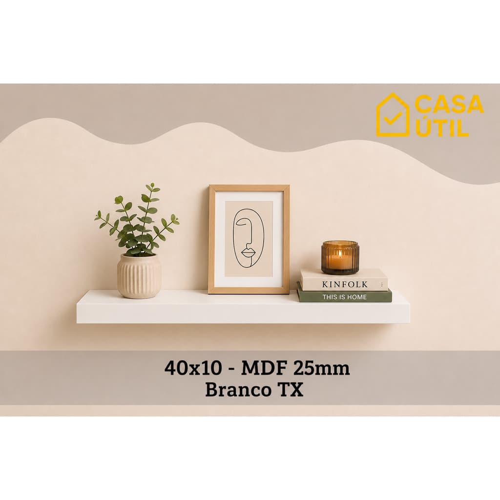 Prateleira Flutuante 40x10 cm MDF 25mm Branca com Suporte Invisível Sala, Cozinha e Quarto