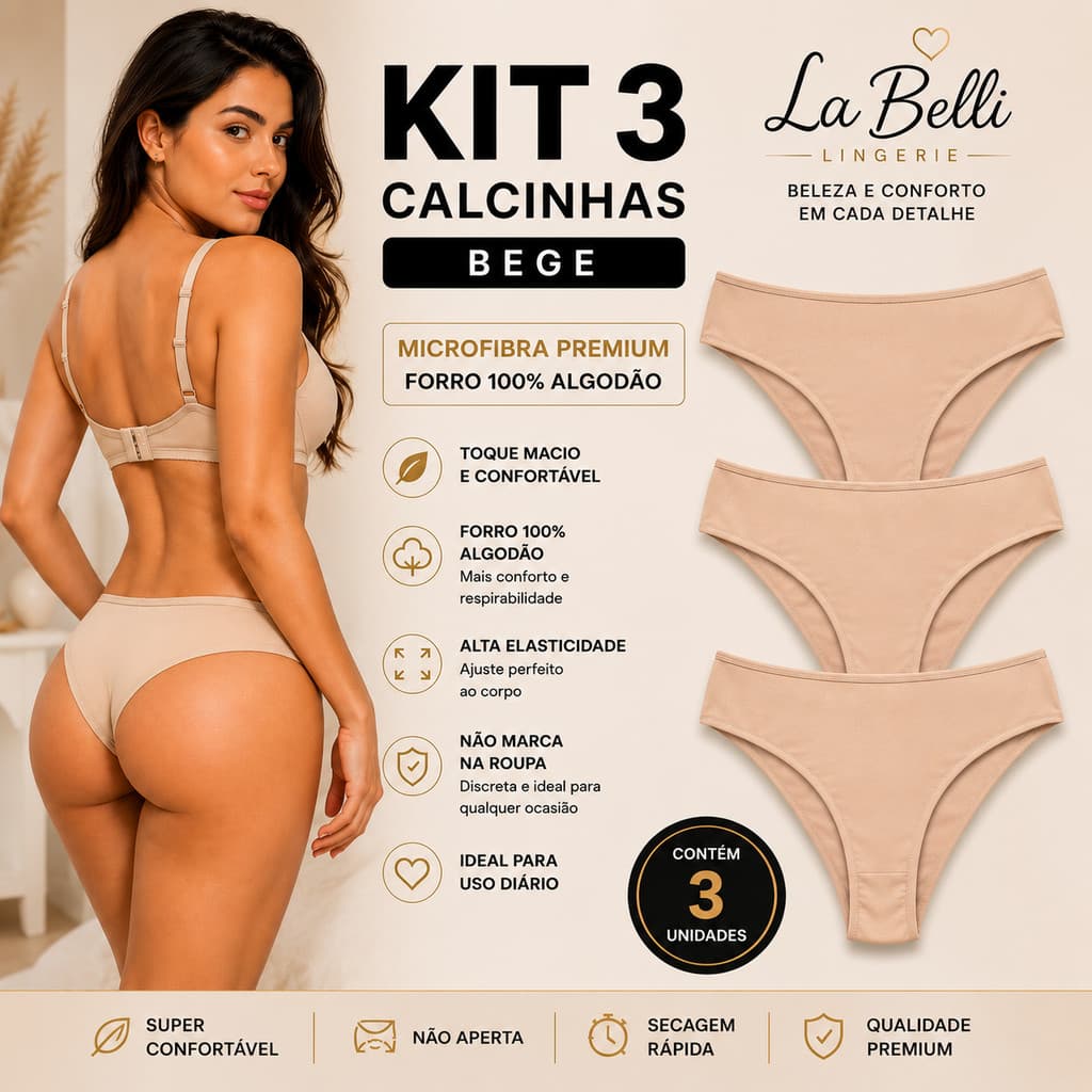 Kit 3 Calcinhas Bege Cor da Pele Microfibra Forro 100% Algodão
