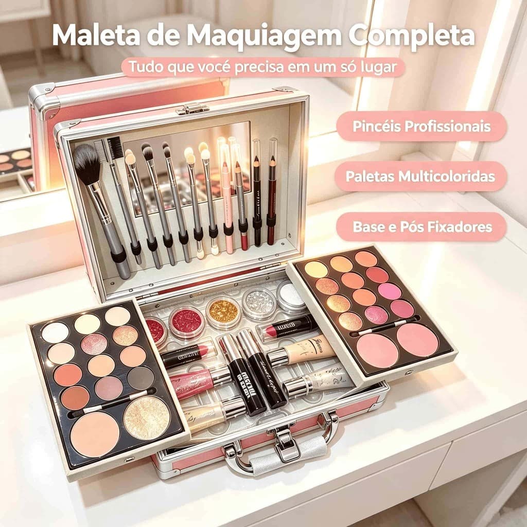 Maleta Portátil de Maquiagem Tudo-em-Um, Conjunto Completo para Iniciantes e Maquiadores