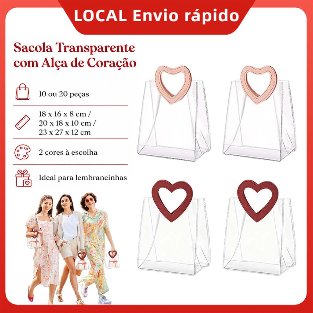 10/20 Peças Sacolas de Mão Transparentes com Alça de Coração para Presentes, Festas e Uso Diário