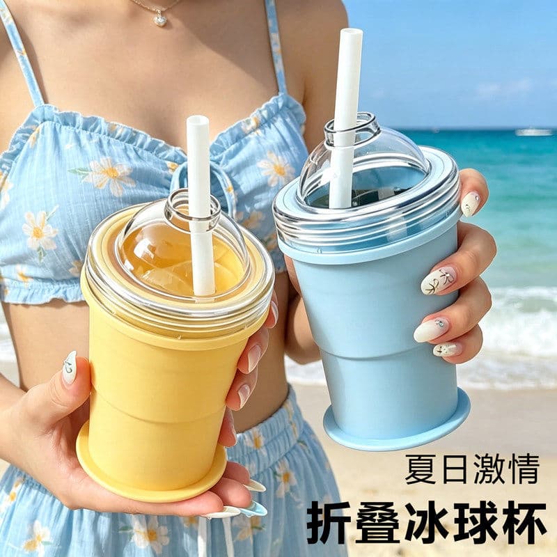 Copo de bola de gelo dobrável dois em um 2026 cubo de gelo de qualidade alimentar molde de gelo verão Silicone viagem Ou