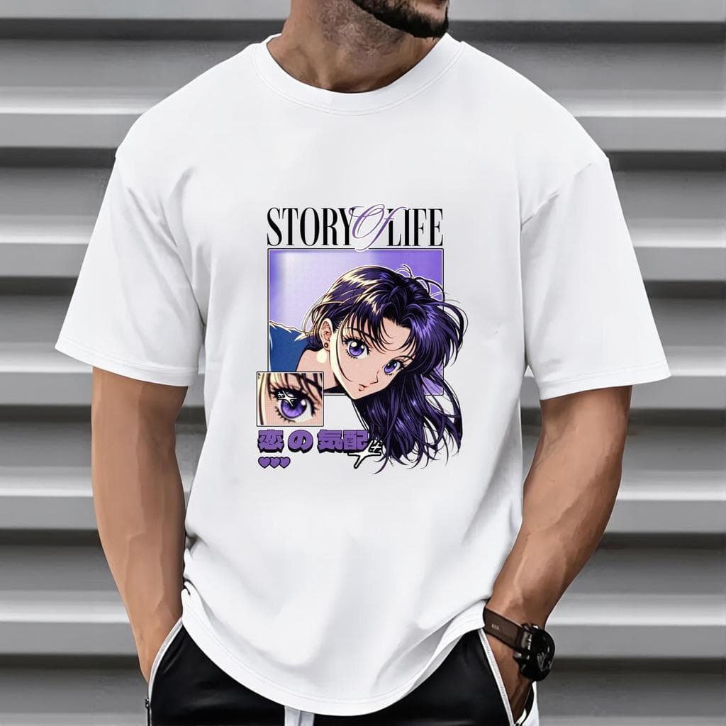 Camiseta Preta Masculina Estampa Menina Anime Cabelo Roxo Story Of Life Manga Curta Gola Redonda Versátil 100% Algodão