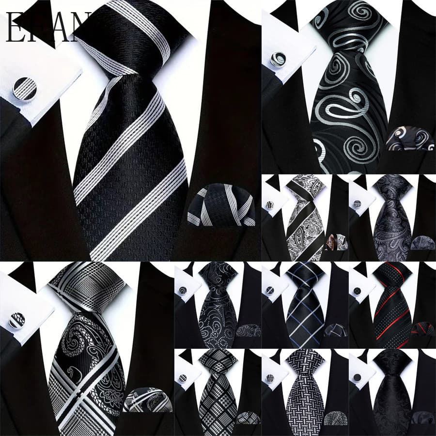 Luxo 3 Pçs Preto Cinza Cor Dos Homens Gravatas Lenço Bolso Quadrado Abotoaduras Conjunto Jacquard 8CM Gravata Para Mascu
