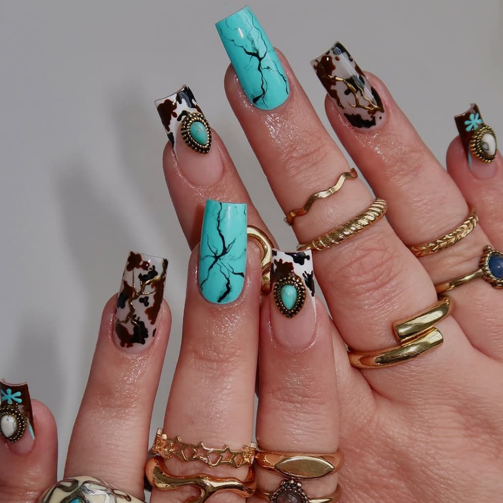 Glitter ciano coração remendo prego mármore borda branca senhoras unhas falsas