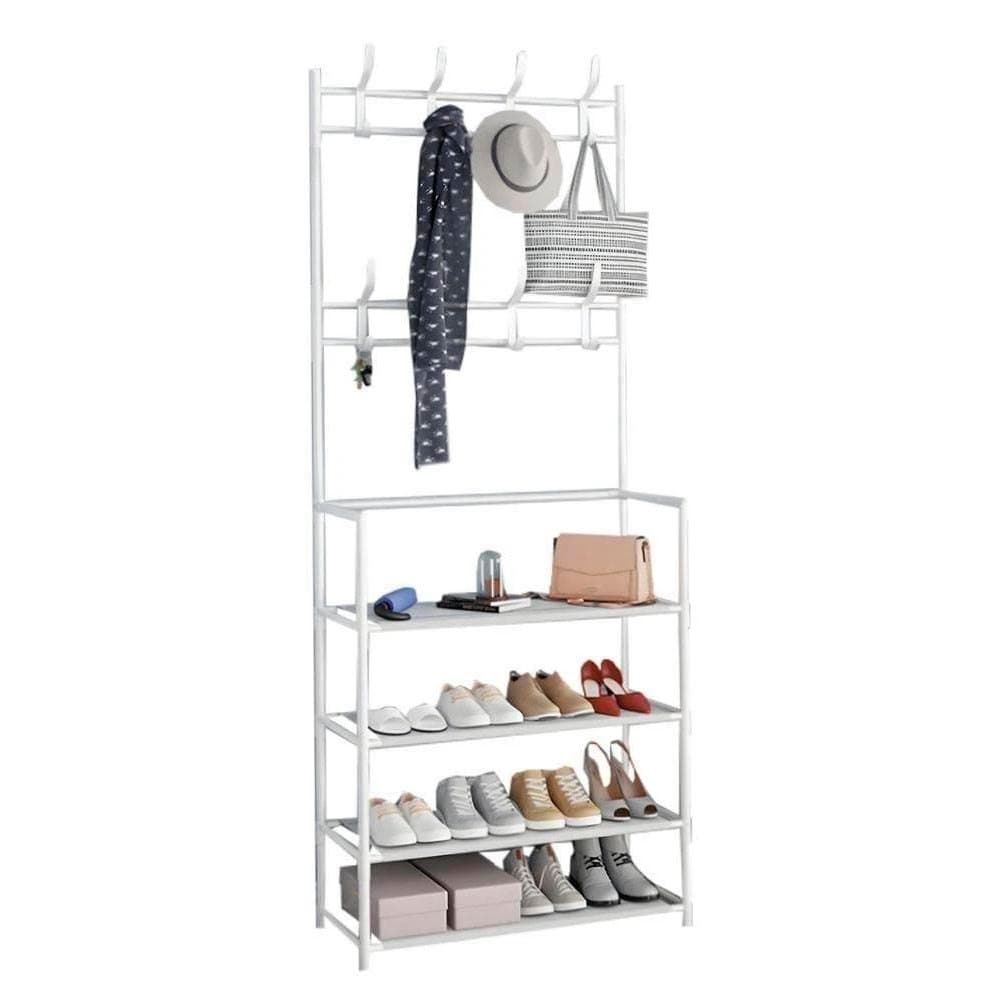 Sapateira Organizador com Cabideiro de Chão e 4 Prateleiras | Arara Multiuso Vertical para Roupas, Bolsas e Sapatos
