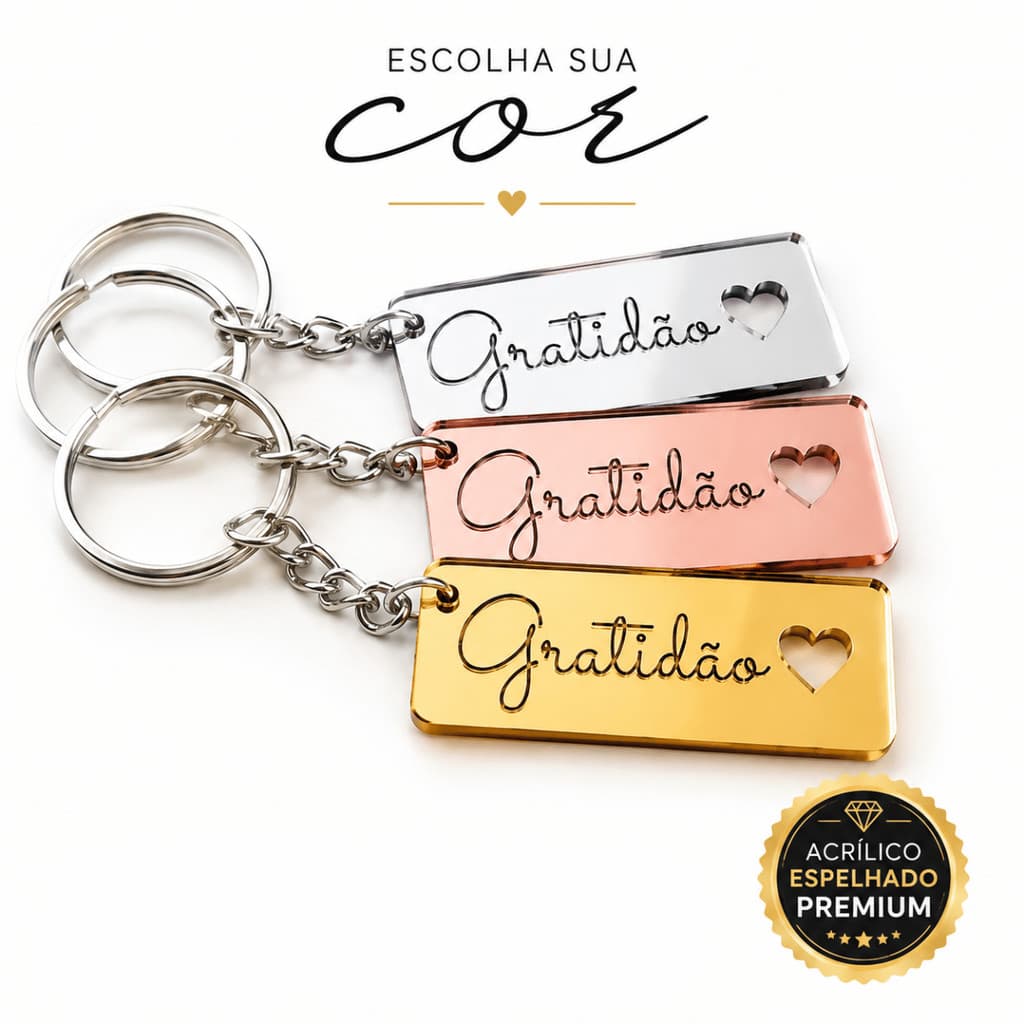 Kit 100/50/30 Chaveiros Gratidão Acrílico Espelhado Prata Rose Gold Dourado