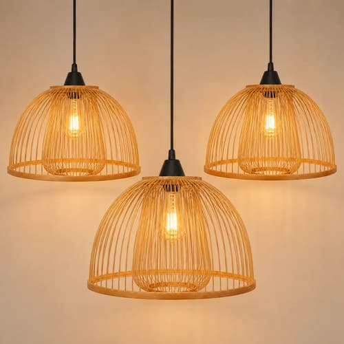 Kit 3 Lustre Pendente Bambu Moderno Madeira Gaiola Completo 127/220v