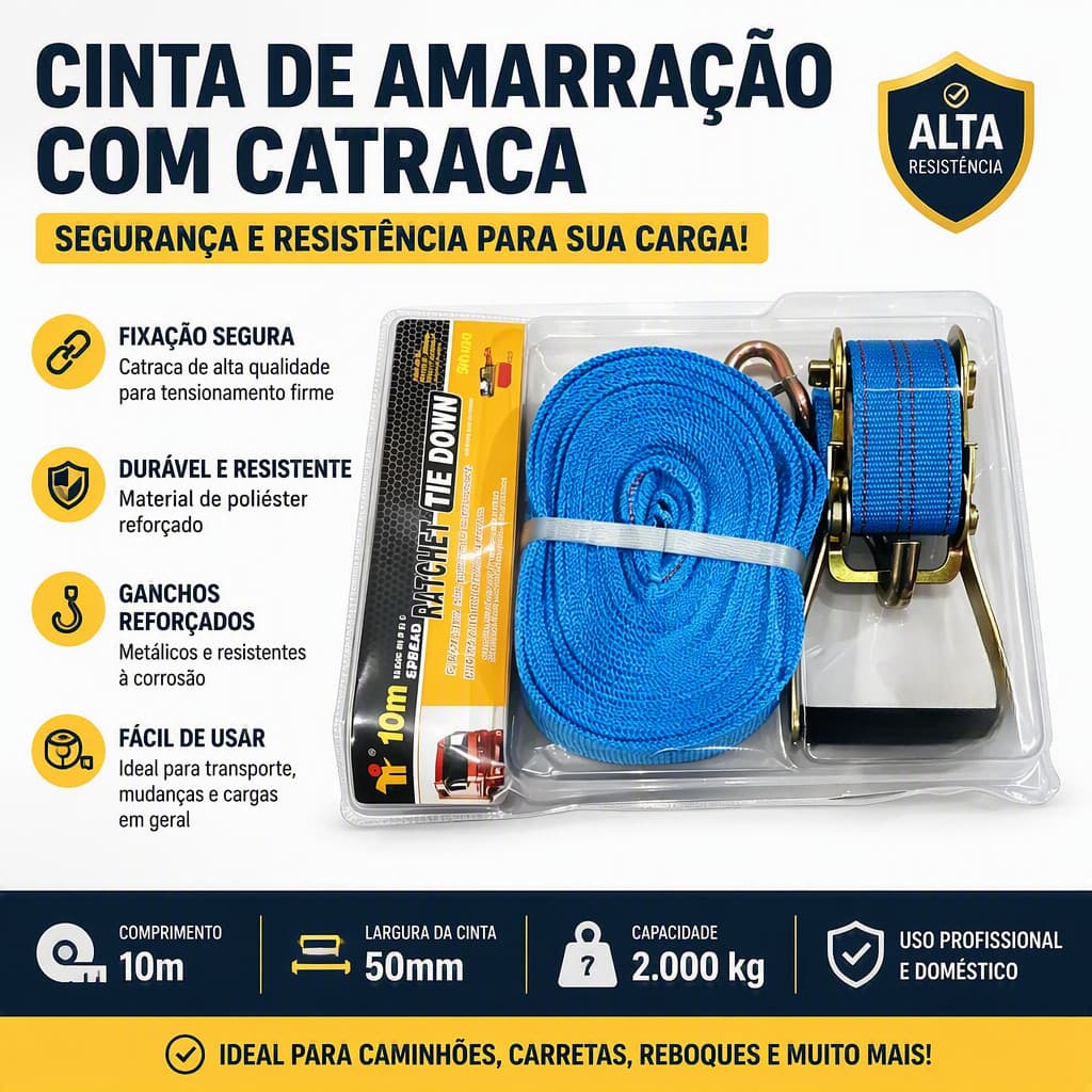 Cinta Catraca Amarração 10m x 50mm Carga Resistente Caminhão Moto Carreta Transporte Mercadoria Aço Gancho Anti Desgaste
