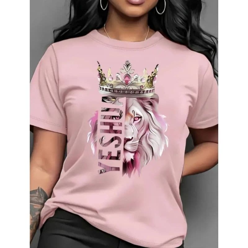 Camiseta Feminina Cristã Leão YESHUA JESUS Malha Algodão