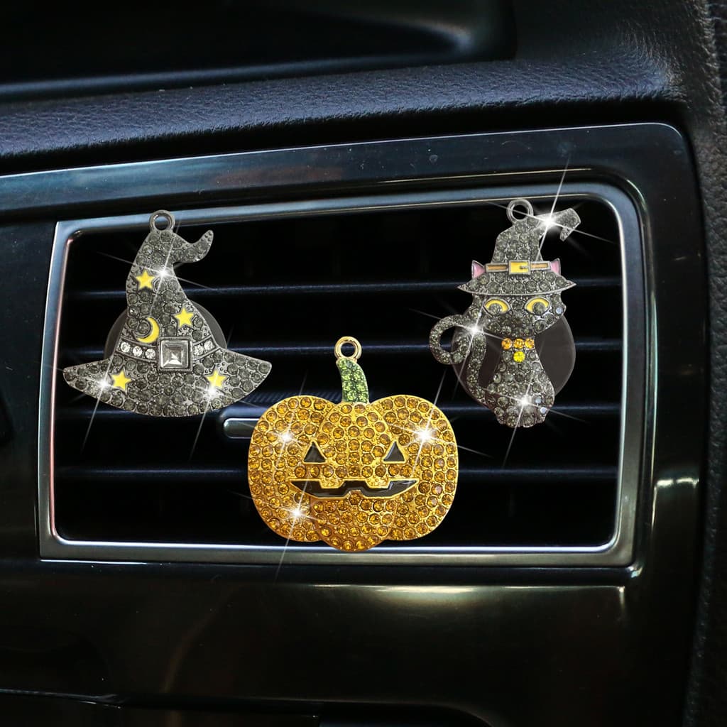 ENVIO RÁPIDO: Clipe Decorativo para Saída de Ar do Carro de Halloween, Gato Preto e Abóbora, Difusor de Perfume Assustad