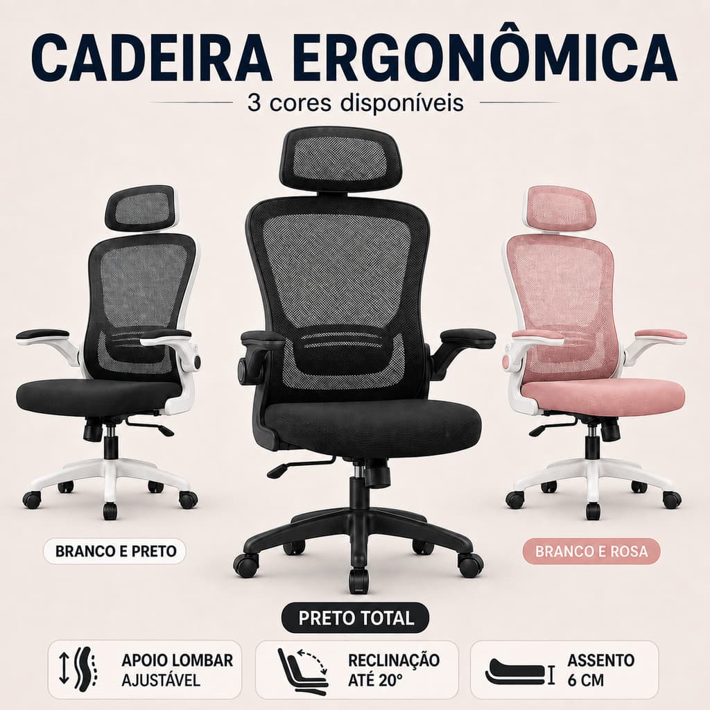 Cadeira Ergonômica Home Office Tela Mesh Apoio Lombar Cabeça Ajustável Braços Rebatíveis Assento 6cm