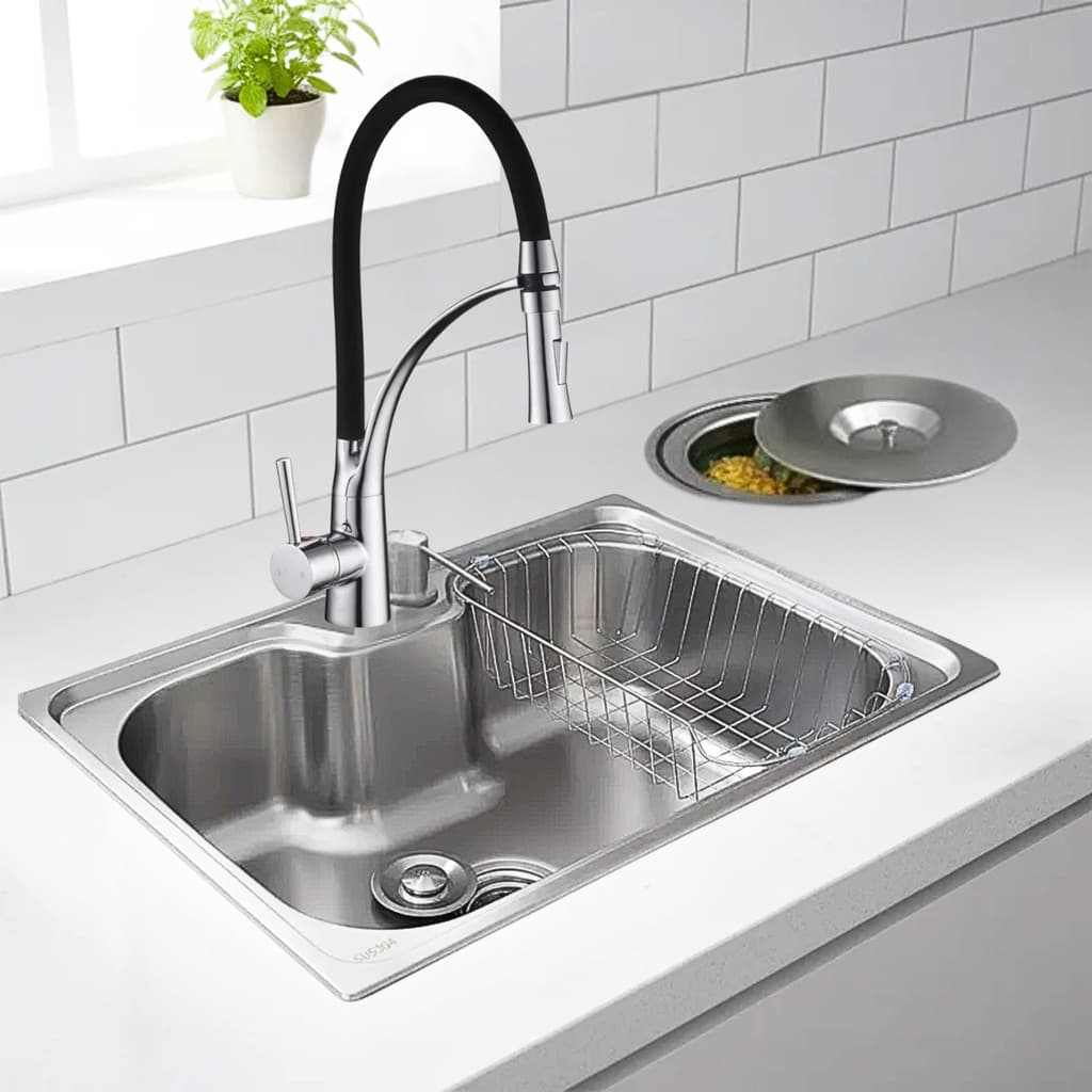 CUBA COZINHA 60X42CM EM INOX ESCOVADO COM TORNEIRA E LIXEIRA