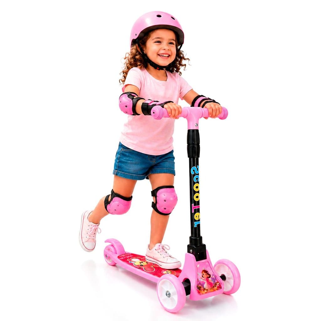 Patinete Dobrável Infantil Teen Sports Rosa Com 3 Rodas Guidão Ajustável E Freio Traseiro