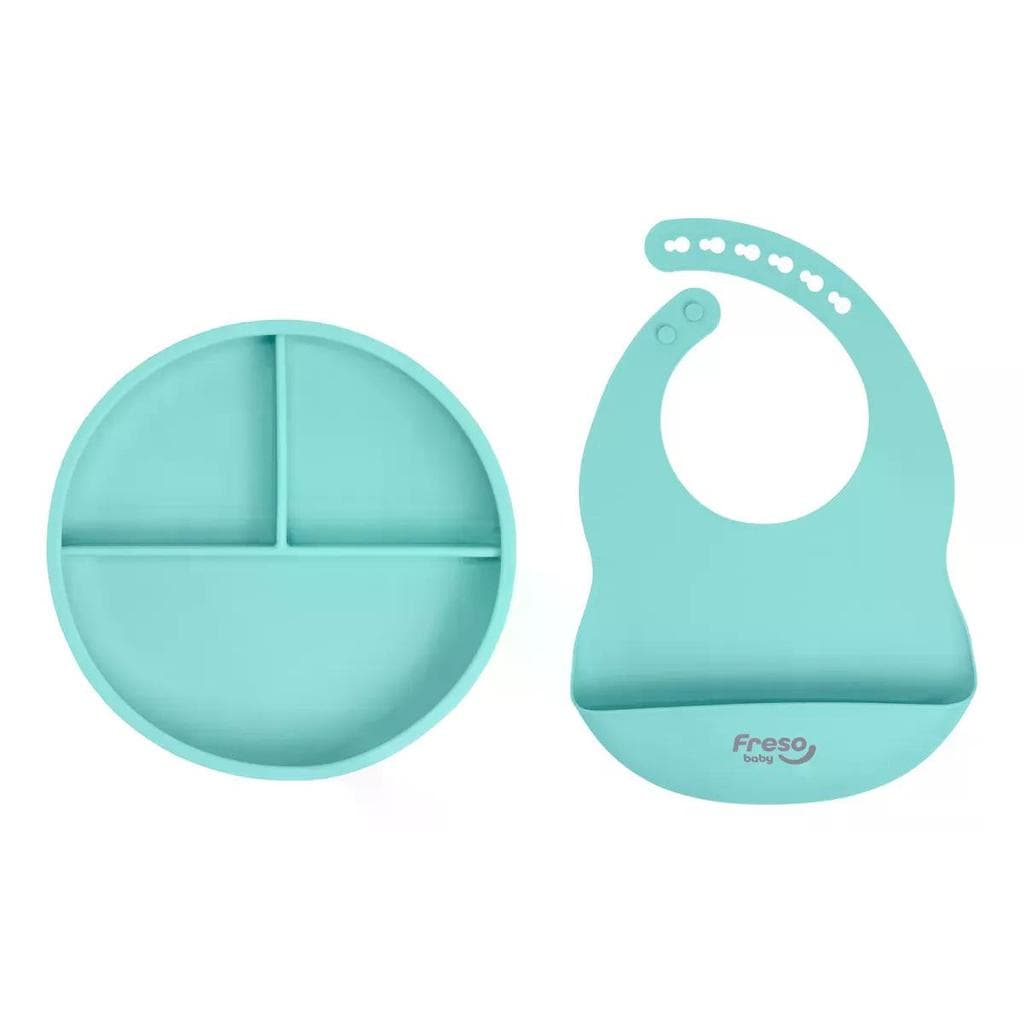 Kit Prato Com Divisórias E Babador Bolso De Silicone Freso Verde
