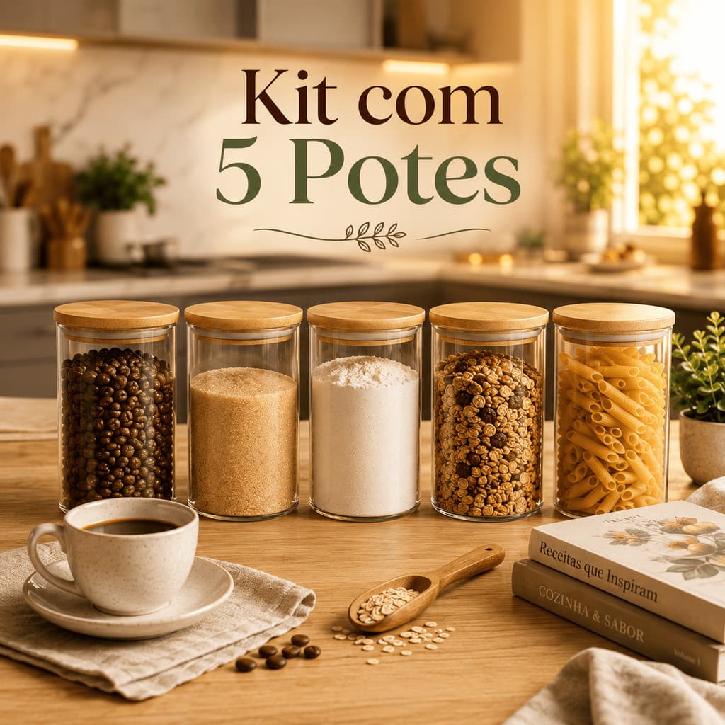 Kit 5 Potes Herméticos Vidro Borossilicato 800ml Tampa de Bambu Organizador Mantimentos Cozinha Premium