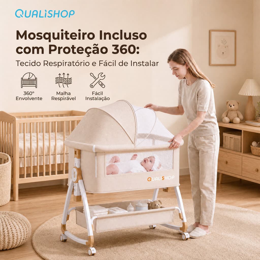 Berço Moisés Portátil Bege Co-leito Bebê Mosquiteiro Rodas