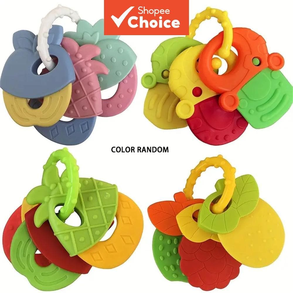 Mordedor de silicone para bebê congelável sem BPA, chaves para mordedor, conjunto de mordedor em formato de fruta para