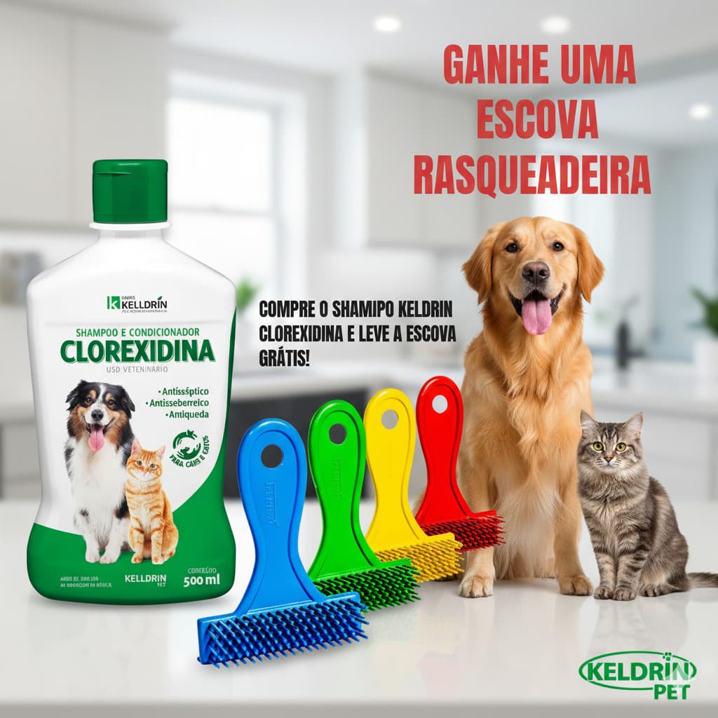 Shampoo 5 em 1 Clorexidina Kelldrin Cachorros e Gatos - 500ml + Escova Rastelo