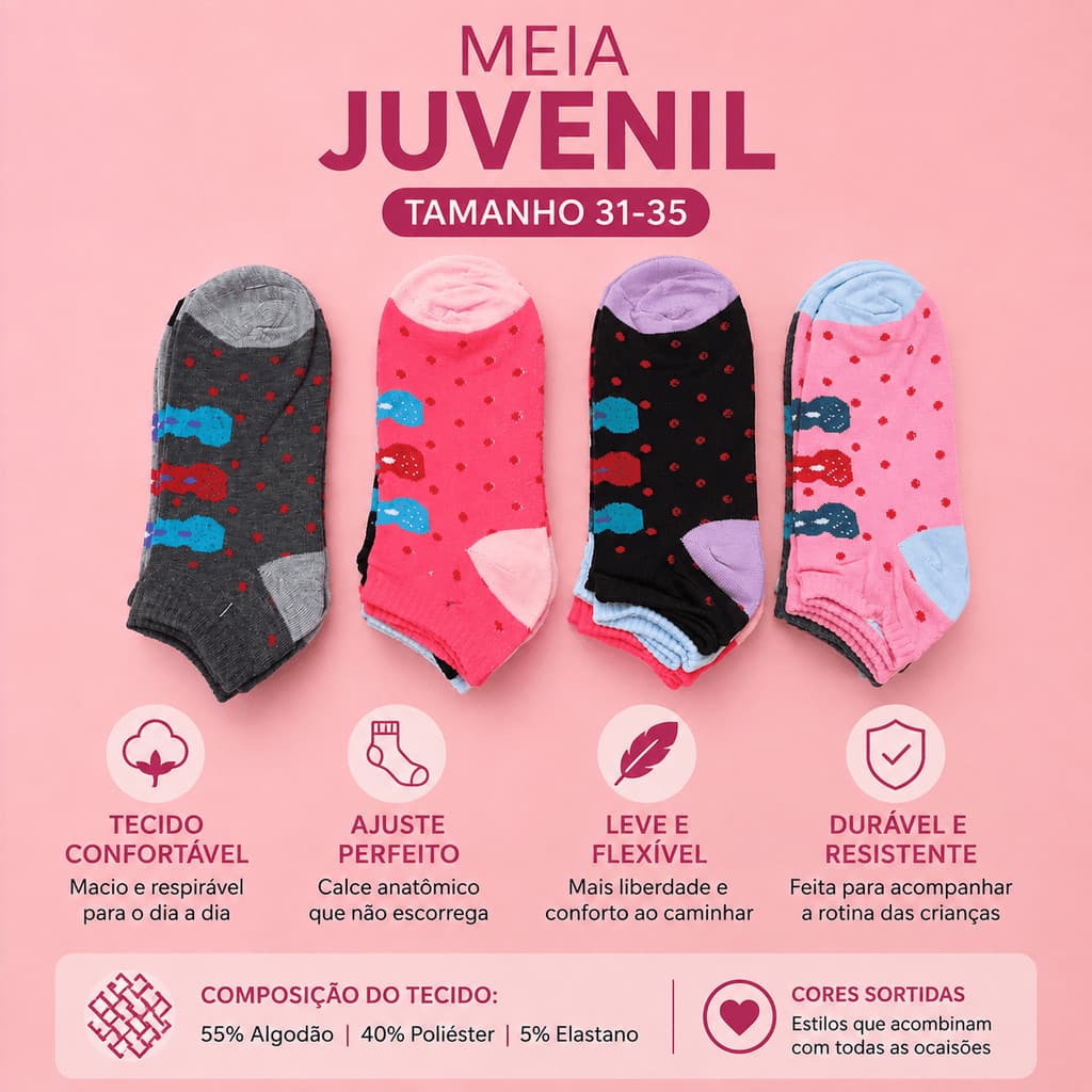 Kit 12 Pares Meia Soquete Juvenil Feminina Algodão Tam 30 ao 35