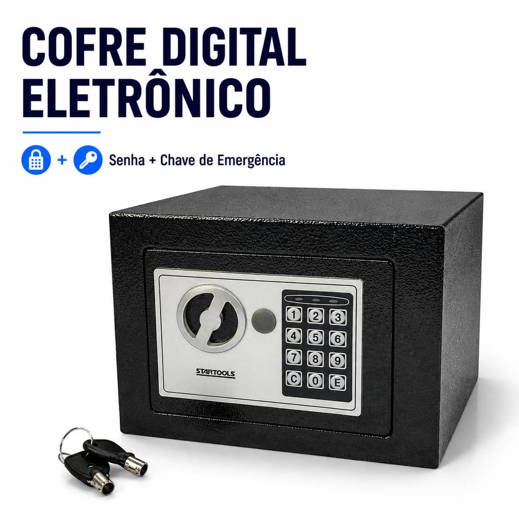 Cofre Eletrônico Digital Teclado Seguro Com Senha + 2 Chaves Preto