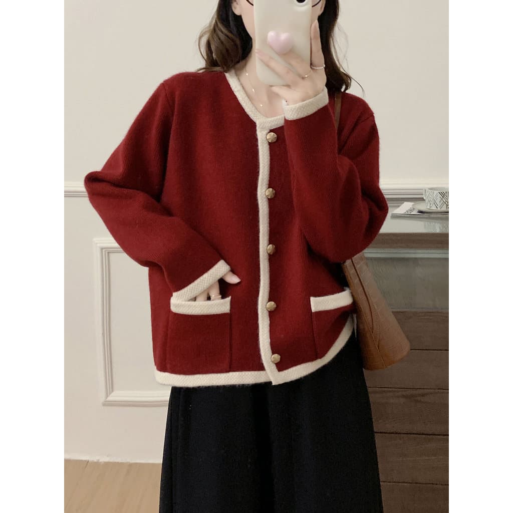 Outono roupas femininas 2026 novo estilo outono roupas femininas camisola vermelha de malha Cardigan jaqueta feminina to