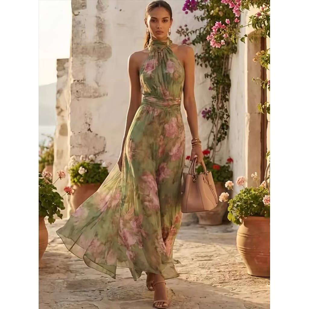 Elegante Verde Floral Halter Chiffon Maxi Vestidos Na Moda Sem Mangas A Linha 2026 Feminino Casamento