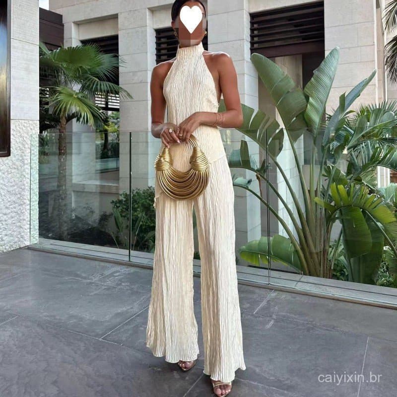 Conjunto de Calças Plissadas Casuais Femininas com Cintura Elástica e Decote Halter TBJS
