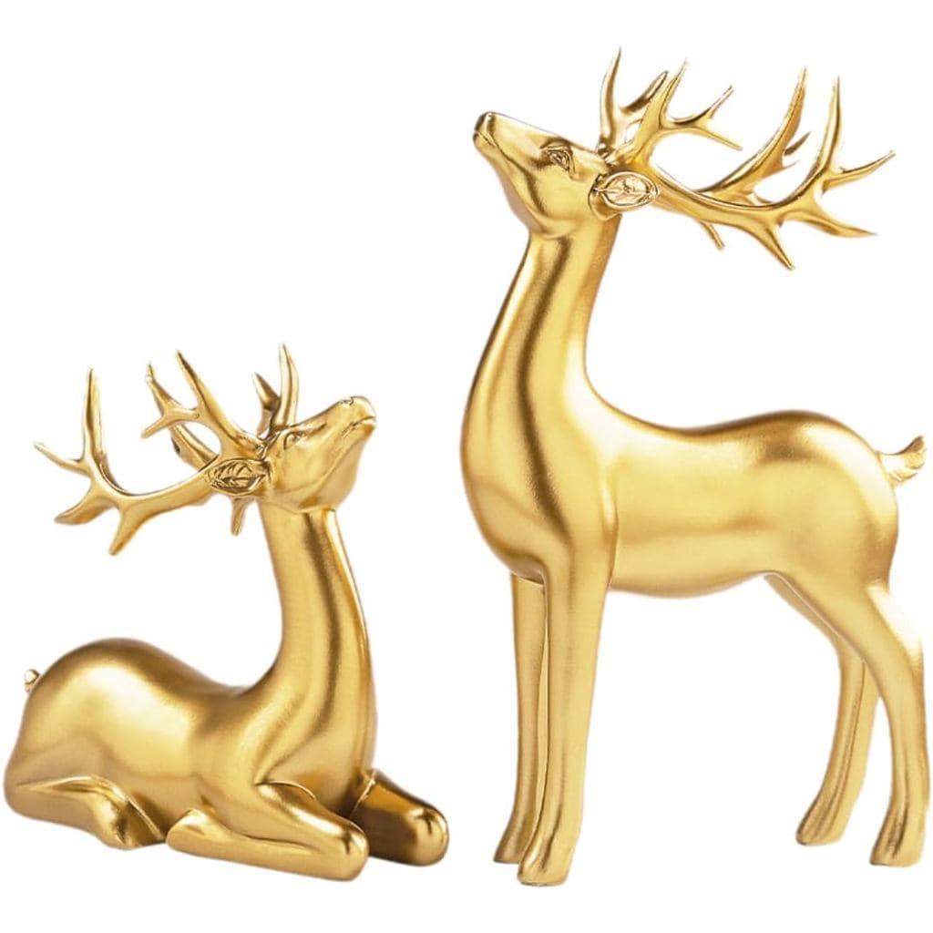 Conjunto de 2 Esculturas de Renas Douradas – Estatuetas de Resina Premium para Decoração de Natal, Ideal para Sala de Es