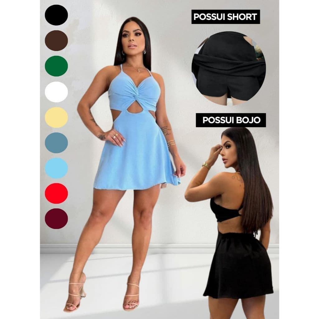 Vestido Curto Feminino com Short Interno - Macaquinho - Tecido Duna - Bojo + Amarração nas Costas Nua - Verão