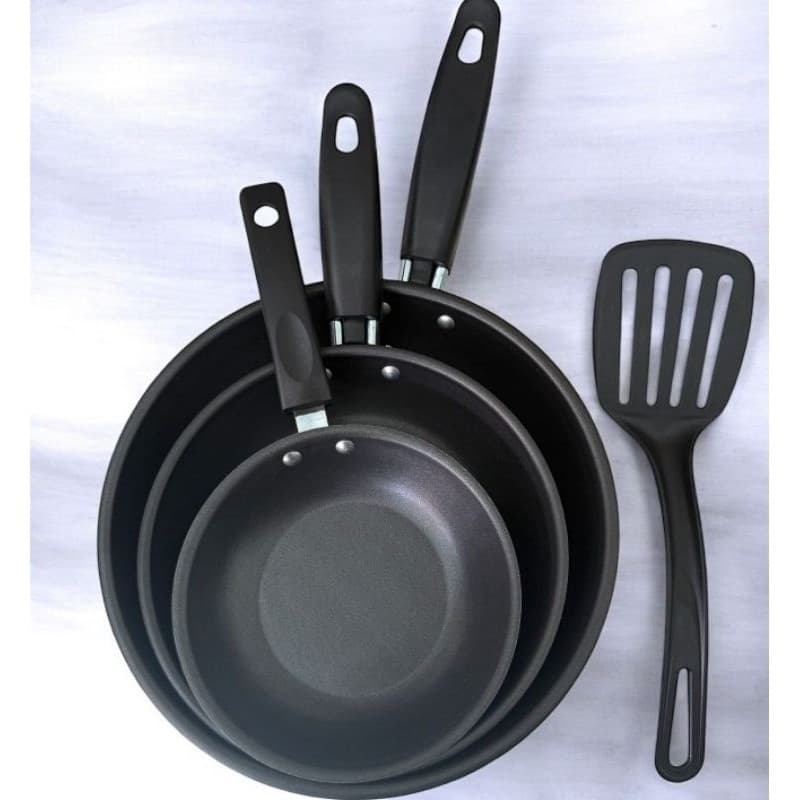 Kit de 3 Frigideira Antiaderente Teflon Preto + Espátula 14cm + 18cm + 22 cm