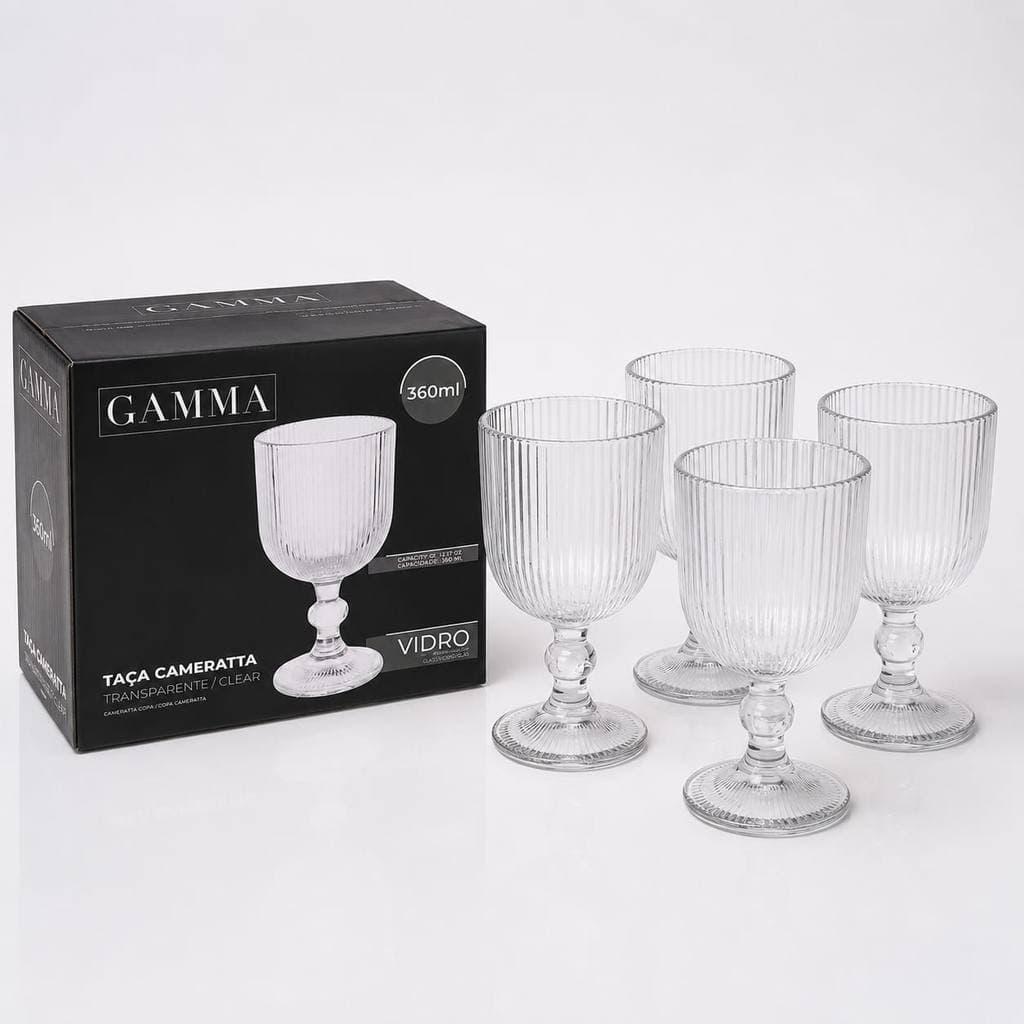 TAÇA DE VIDRO CAMERATTA CANELADA 360ML – KIT COM 4 TAÇAS GAMMA