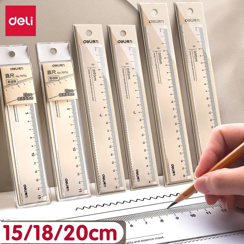 Régua Transparente Deli com Linha Ondulada, Régua de Plástico de 15cm para Estudantes do Ensino Fundamental, Régua de Es