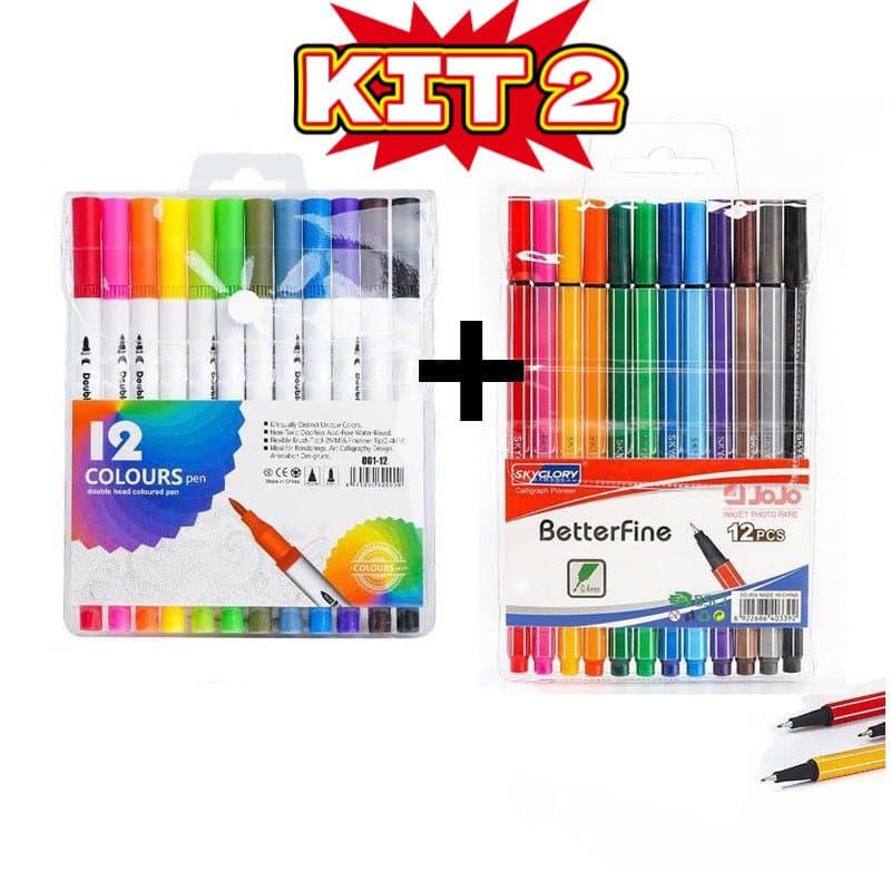 Kit 12 Caneta Hidrográfica + Kit 12 Brush Caneta Pen Duas Pontas Dupla Pincel Fineliner