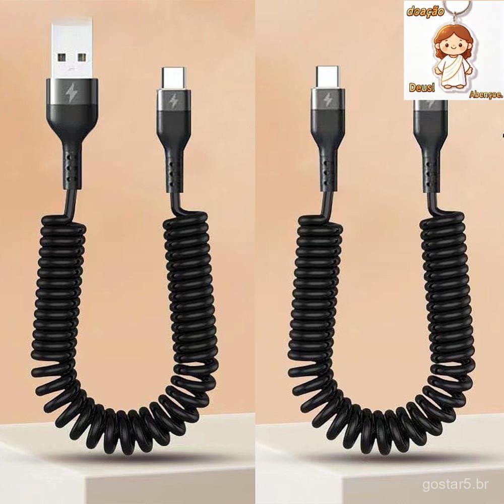 Cabo de Dados OMALL Telescópico com Mola 100W 5A para Carregamento Rápido Tipo C Micro USB, Carregador de Telefone para