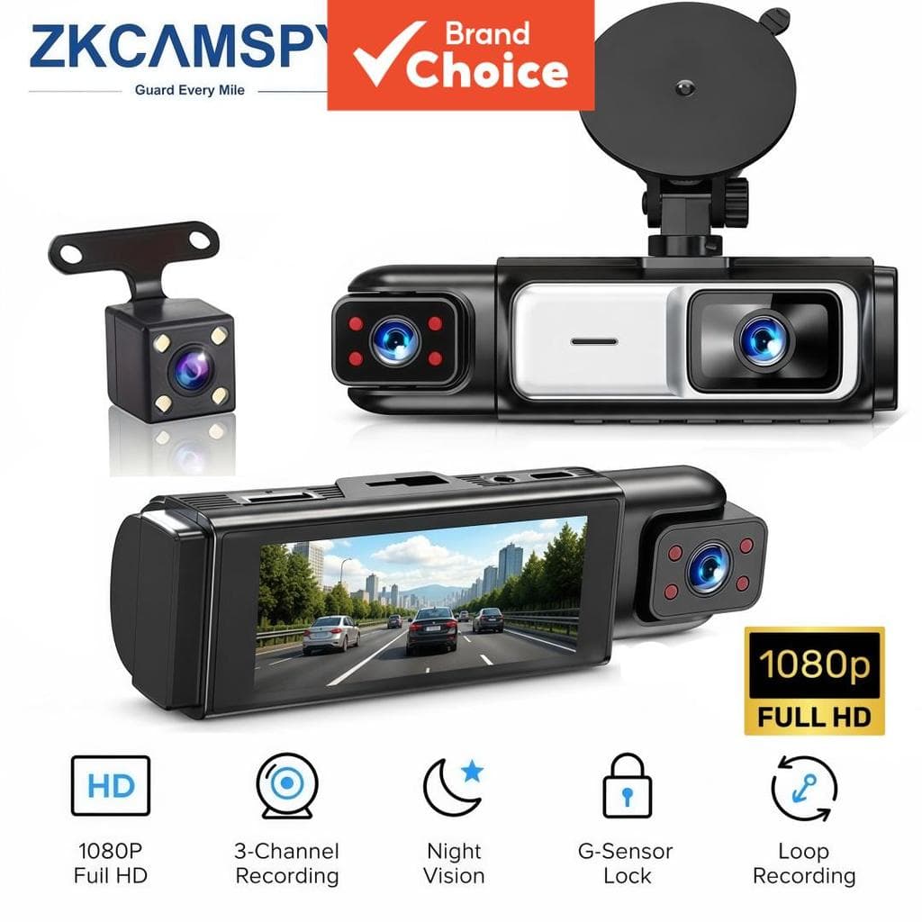 ZKCAMSPY 3 Canais 1080P Dash Cam IR Visão Noturna G-Sensor Gravação De Loop Gravador De Condução De Carro DVR