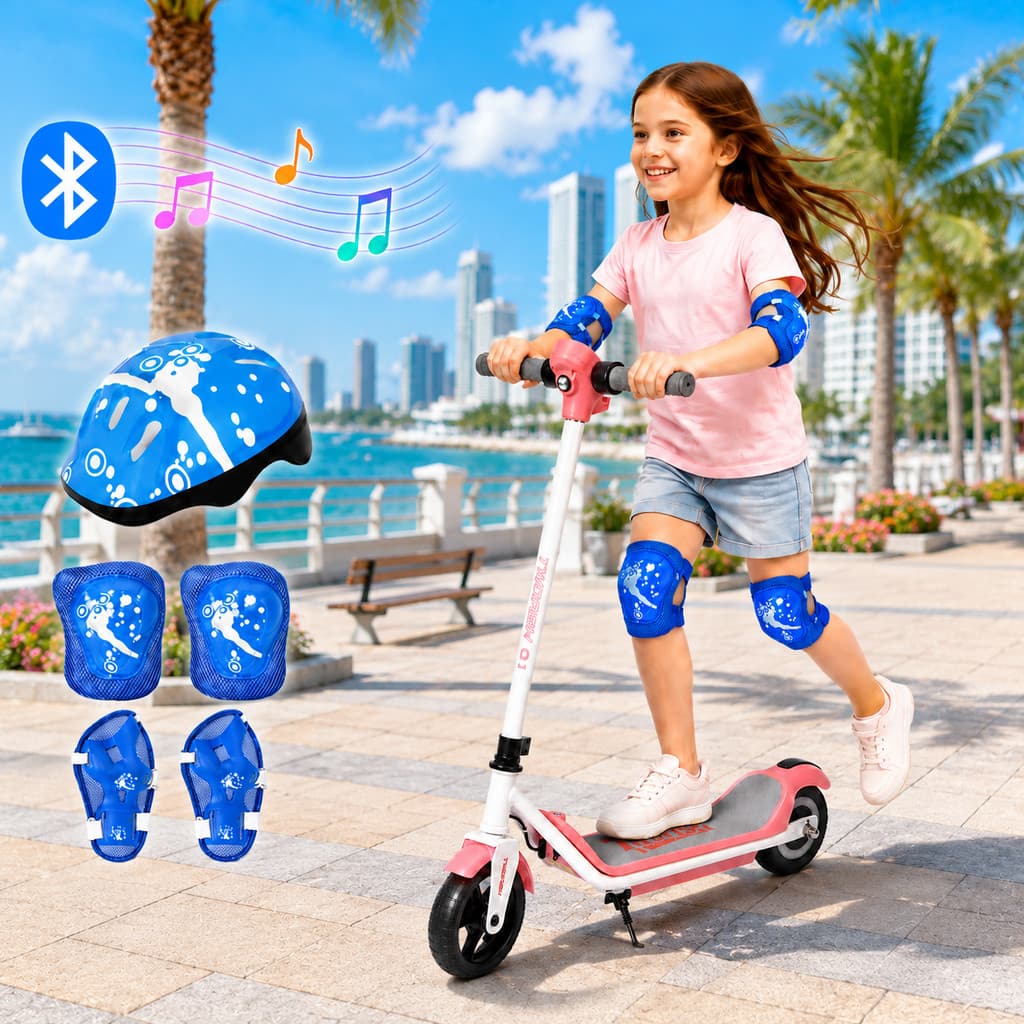 Patinete Infantil Elétrico 2 Rodas 110W Bateria 24V Farol e Luz no Deck Música Bluetooth Freio Duplo Recarga 2-3h Azul