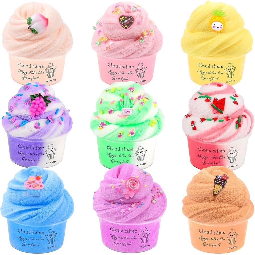 Kit de Slime Cloud com 9 Peças, com Charms de Slime de Pêssego, Melancia, Abacaxi e Bolo, Materiais para Slime DIY para