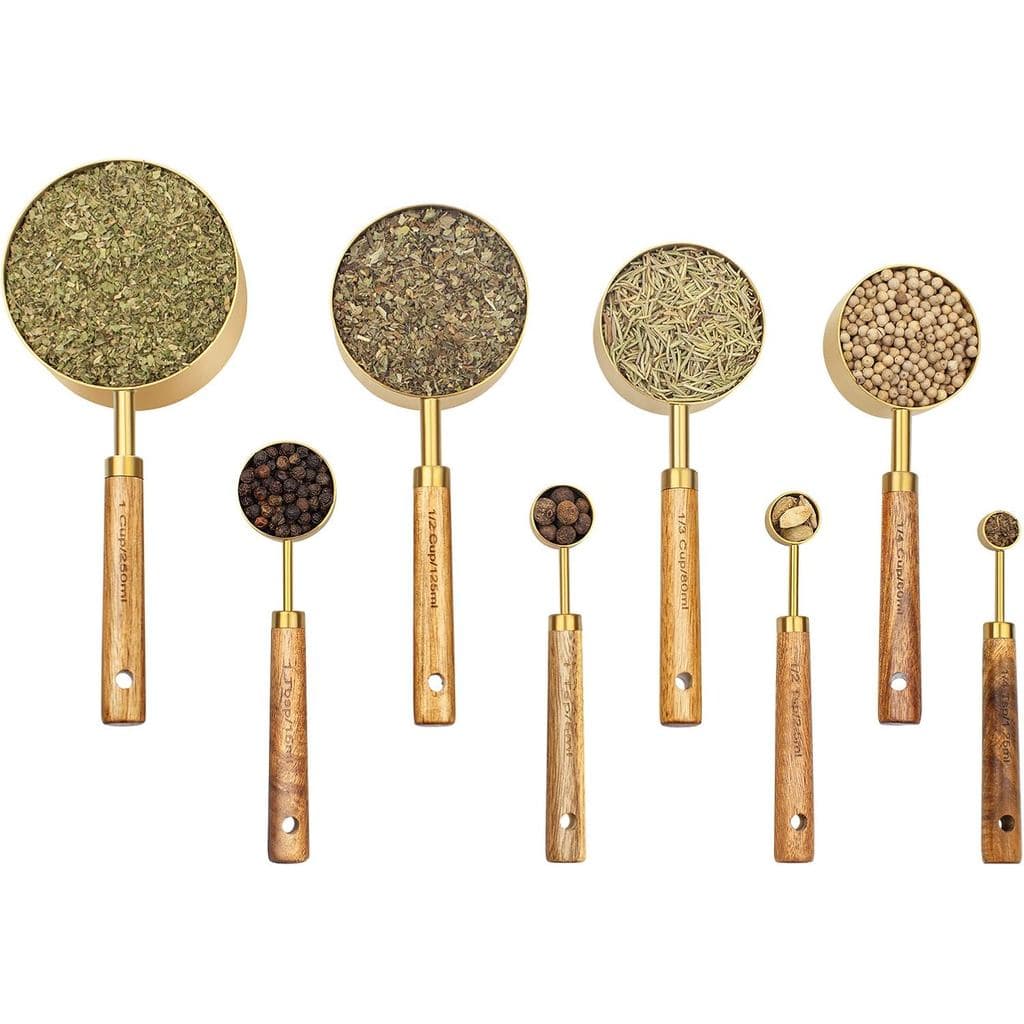 Conjunto de 8 Copos e Colheres Medidoras, Copo Medidor de Aço Inoxidável Dourado com Cabo de Madeira, para Cozinha/Alime