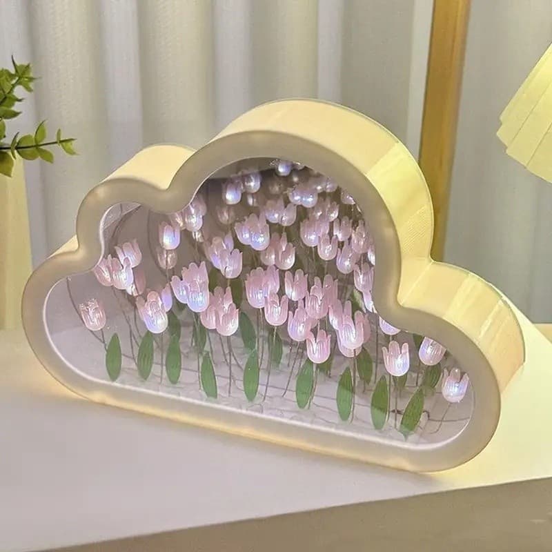Luminária Noturna Espelho Nuvem Tulipa DIY Artesanal de Vidro para Decoração de Quarto de Menina, Porta-Retrato, Luz par